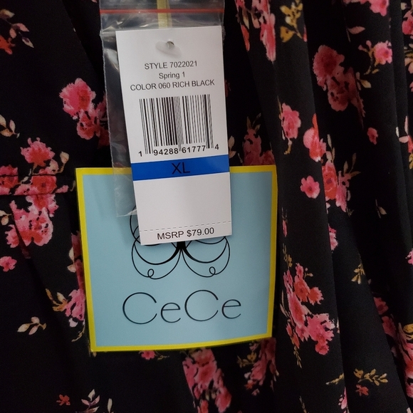 NWT CeCe Blouse Puffy Sleeves Flowy Peplum Black Pink Flowers - Picture 4 of 10